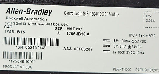 Allen Bradley 1756-IB16 Ser A.  ControlLogix 16 Pt Module.    3B-23