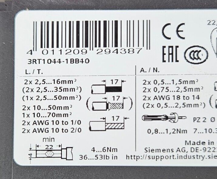 Siemens 3RT1044-1BB40/3RH1921-2HA22/ 3RT1926-1BB00 Power Contactor         4E-24