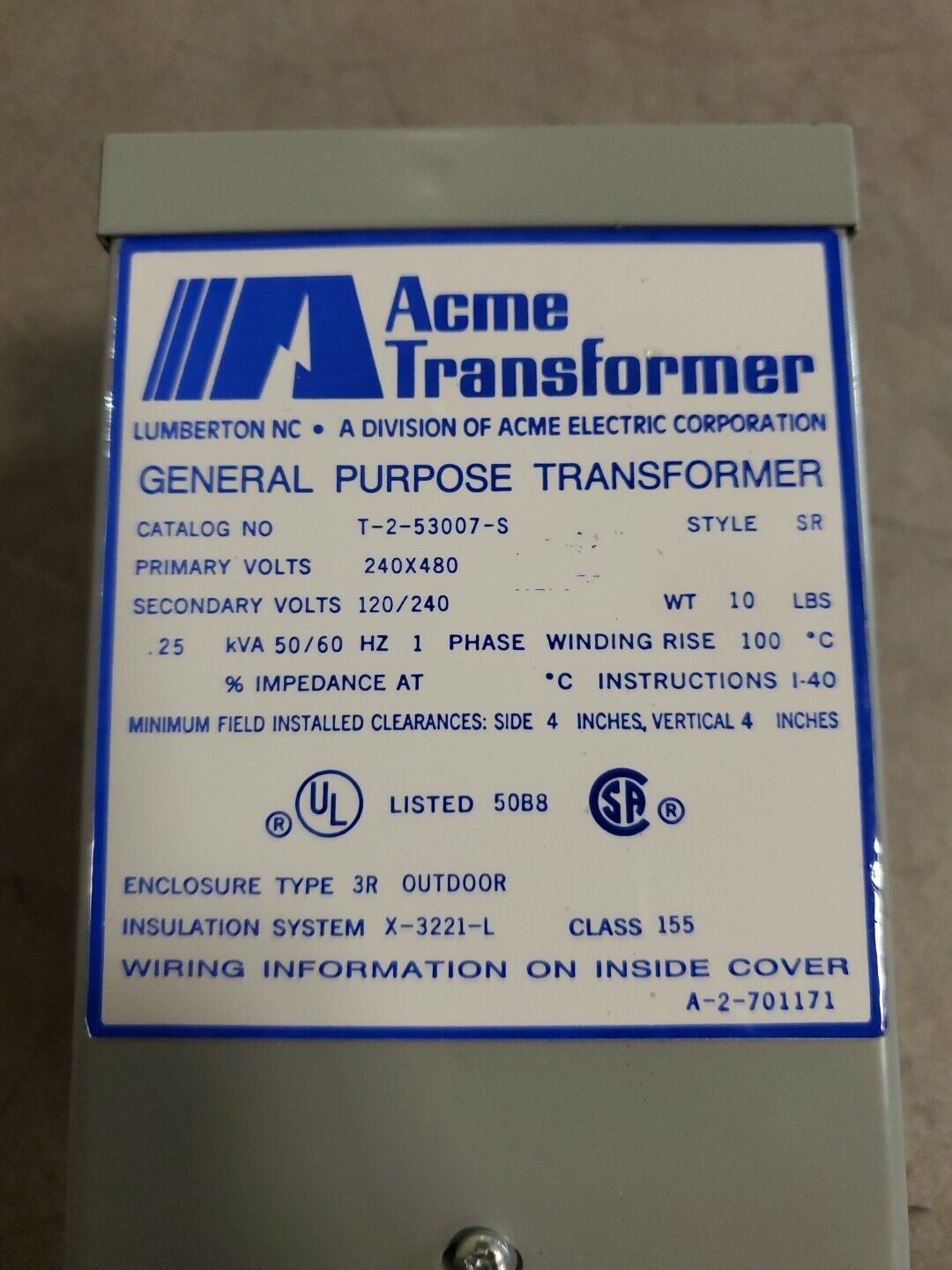 ACME Transformer T-2-53007-S 240/480V 50/60Hz 1 Phase.                     4B-21