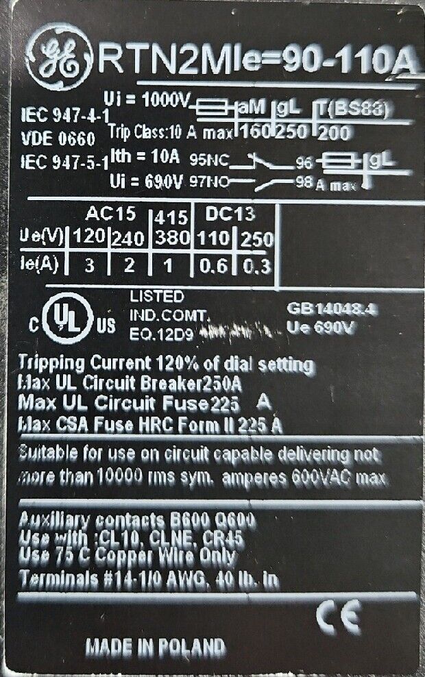 GE RTN2M Overload Relay.                              Loc 4E-15
