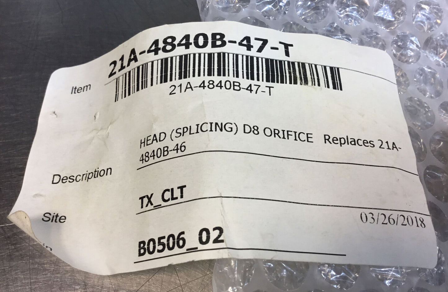 21A-4840B-47-T  HEAD Splicing D8 Orifice Replaces  21A-4840B-46   6D