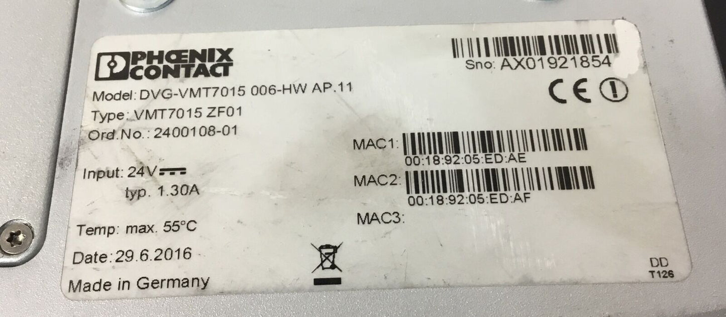 PHOENIX CONTACT Model DVG-VMT7015 006-HW AP.11  VMT7015ZF01 HMI Panel 24VDC  2D