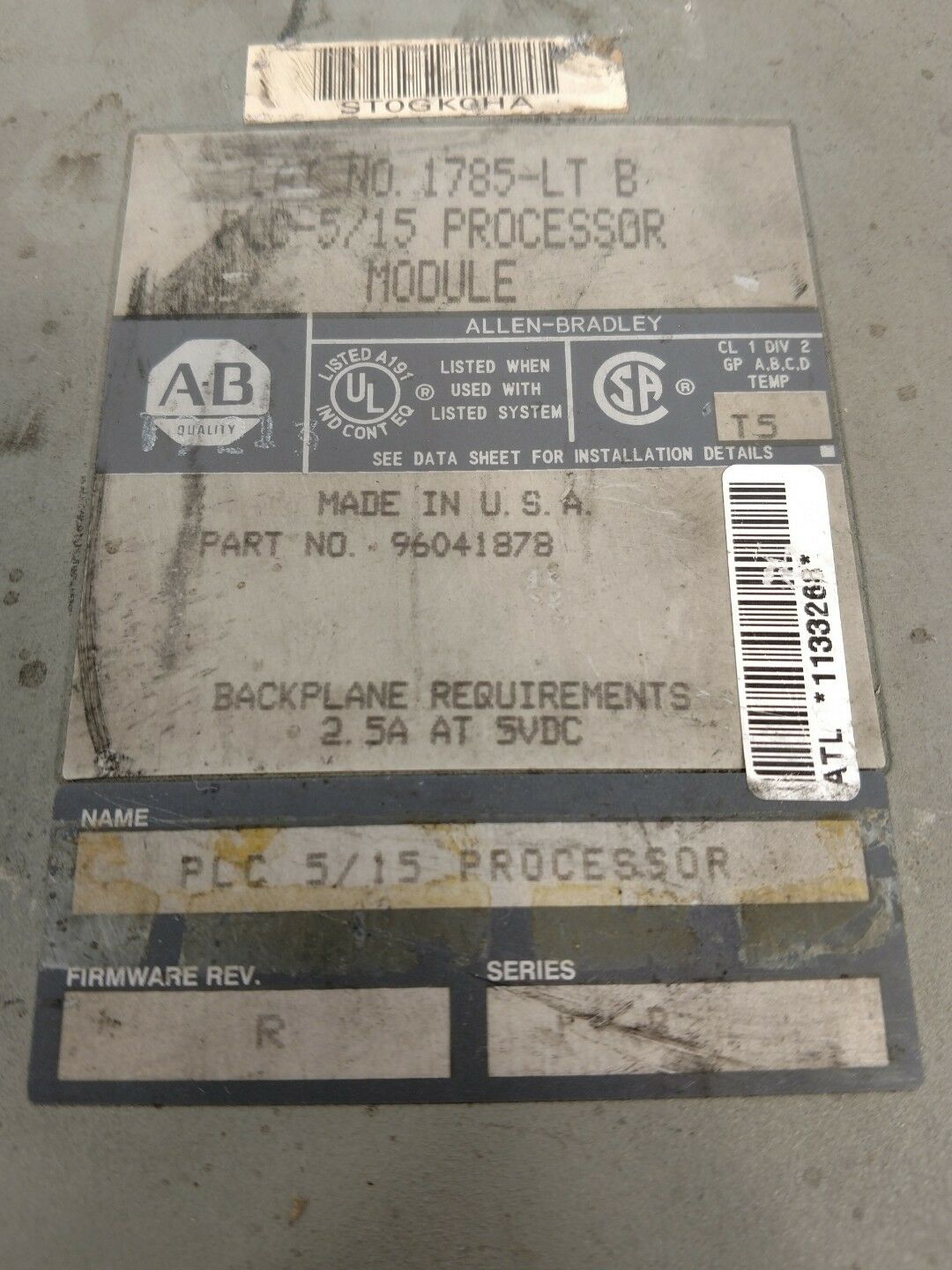Allen-Bradley 1785-LT B PLC-5/15 Processor Module Firmware Rev. R BIN#6