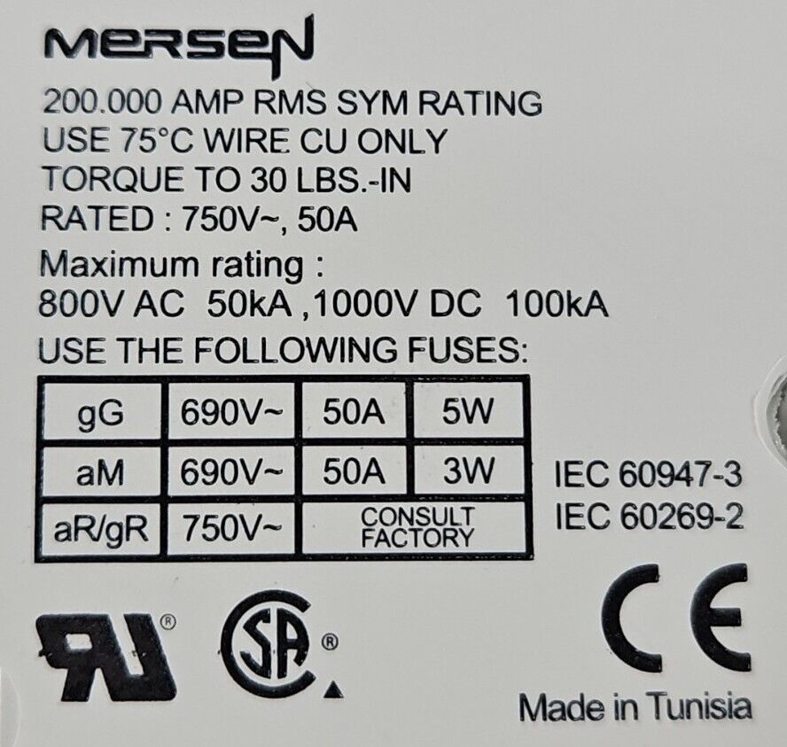 Ferraz Shawmut US 1421 UltraSafe Modular 2-Pole 750V 50A Fuse Holder.   Loc4C-18