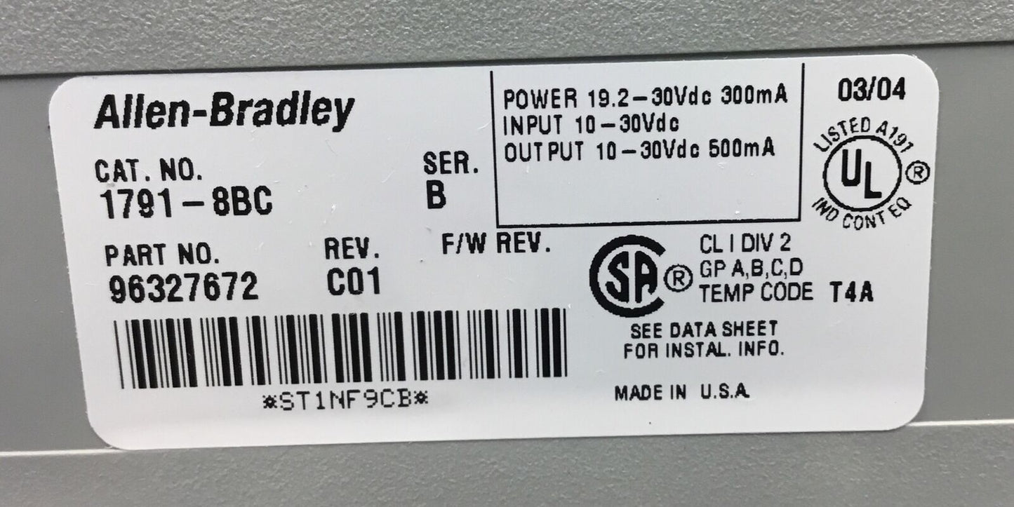 Allen Bradley 1791-8BC /B Block I/O Module 24V DC 16 Points 8-In/8-Out  3D-22