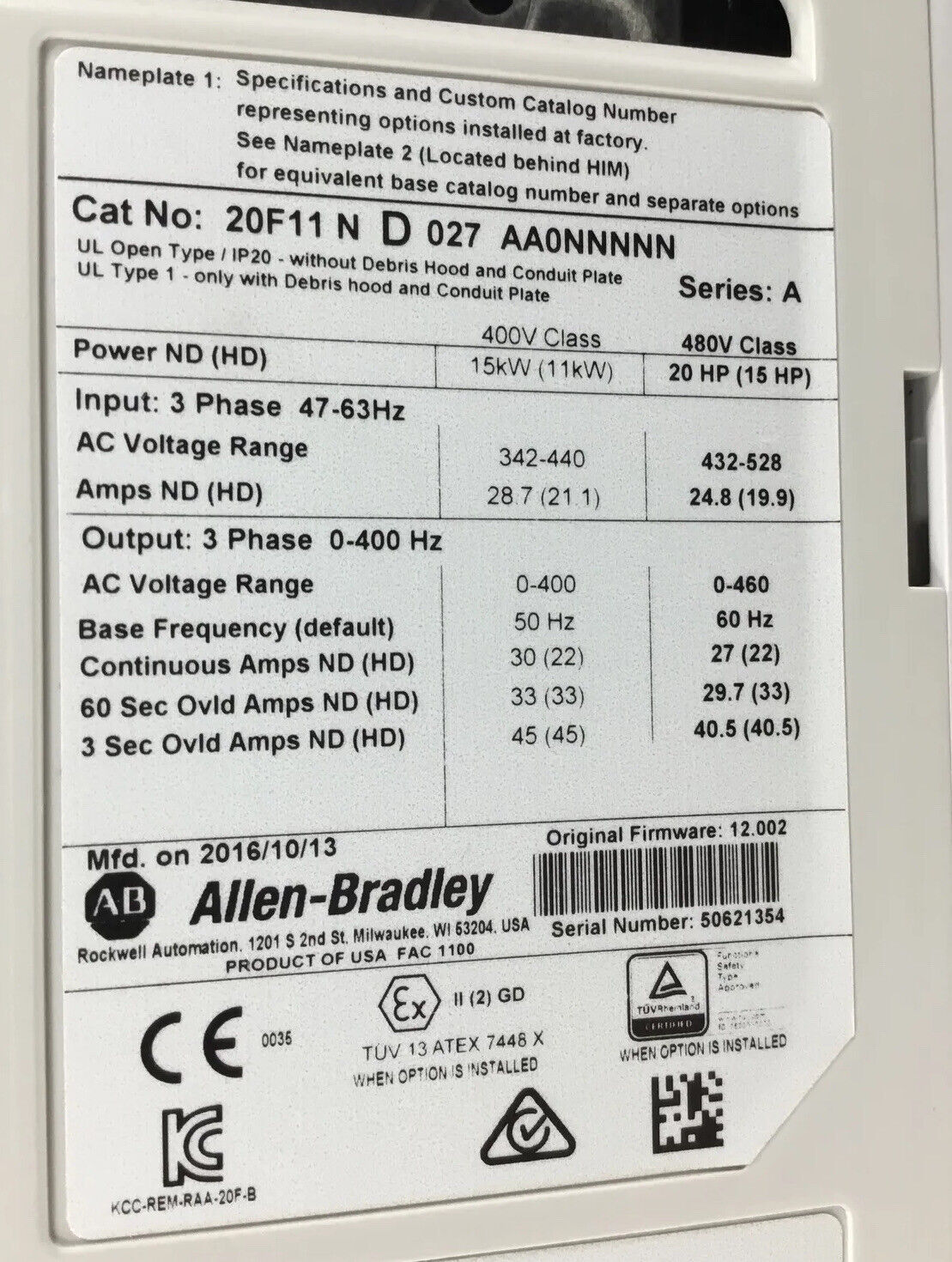 Allen Bradley  20F11ND027AA0NNNNN /A  Powerflex 753 20 HP 480V 3Ph 0-400Hz    1C