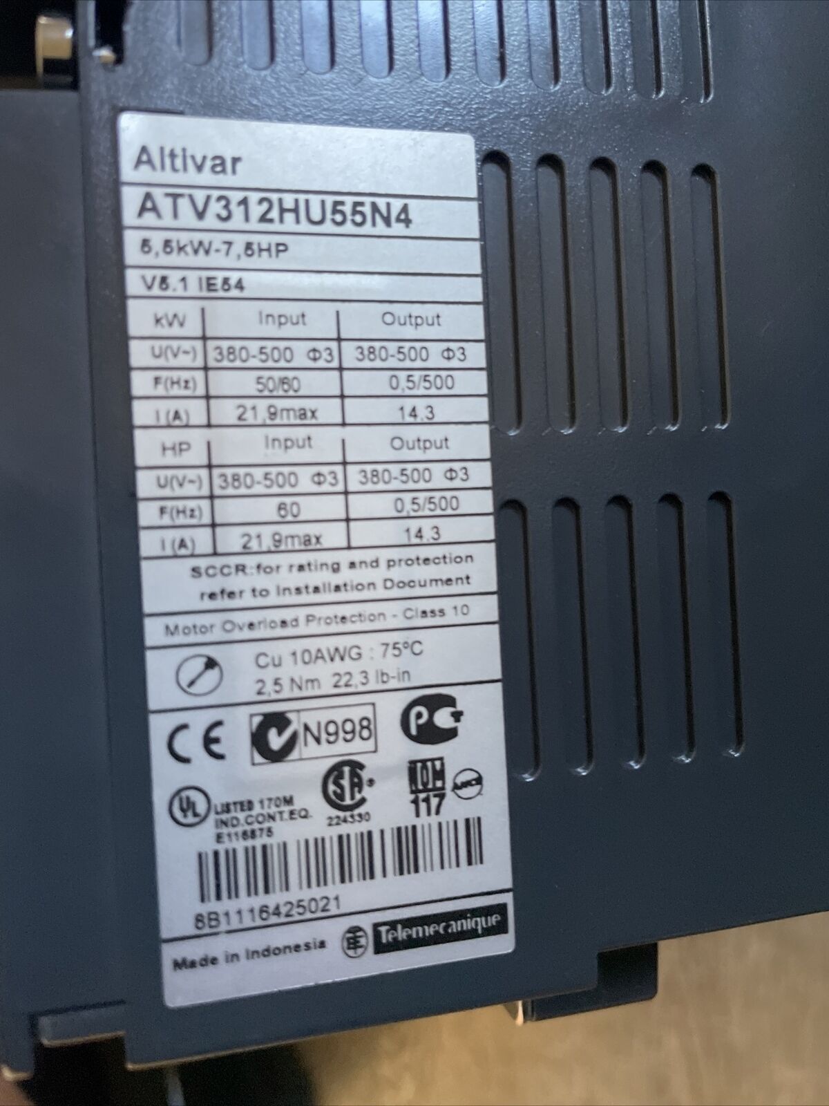 ATV312HU55N4 Variator Speed 5,5 Kw 7,5HP 232W 380-500V 3 Phase @2A