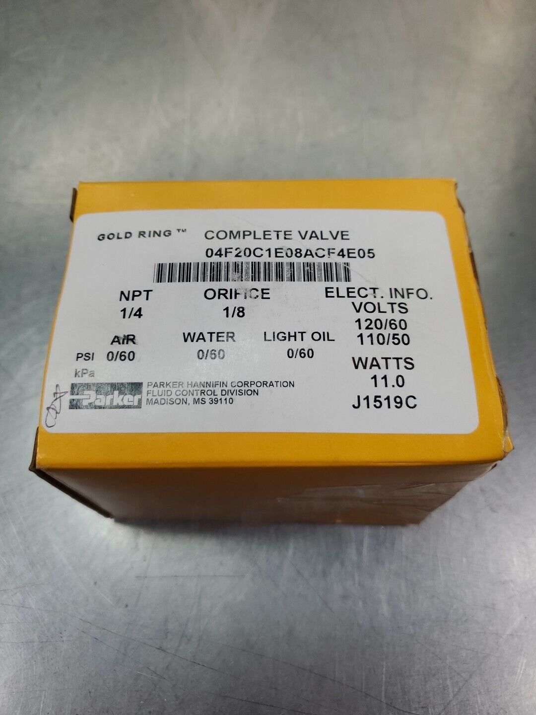 Parker 04F20C1E08ACF4E05 (110/120VAC) Gold Ring Solenoid Valve. 6E13