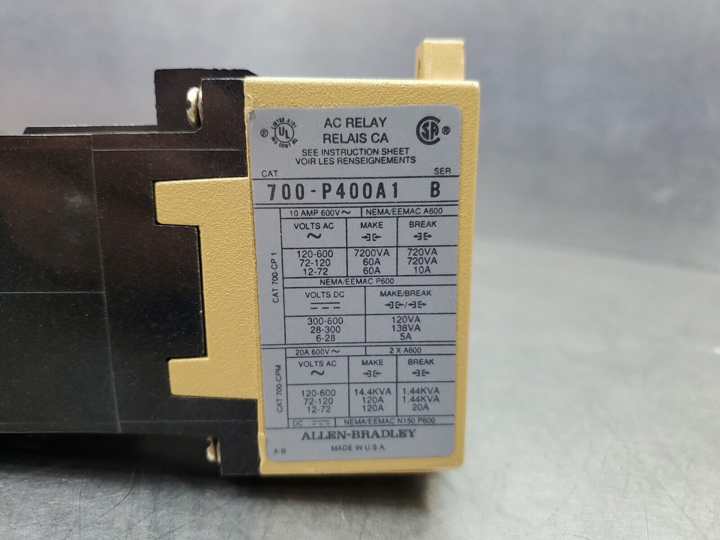Allen-Bradley 700-P400A1 Ser B. Relay w/700-PB40/PC40 Contacts.            4D-17