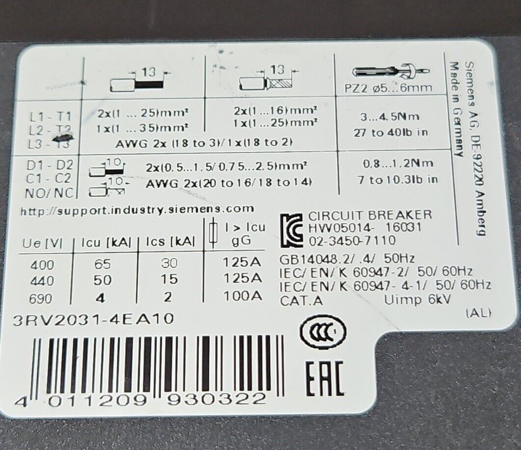 SIEMENS SIRIUS 3RV2031-4EA10 MOTOR CONTROLLER CIRCUIT BREAKER.             4E-18