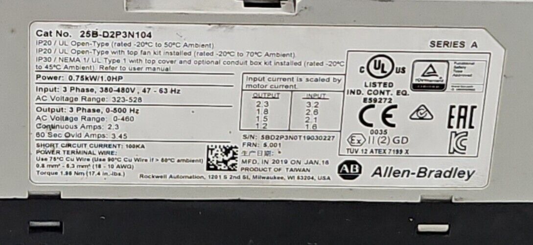 Allen Bradley 25B-D2P3N104 Series A 1HP Powerflex 525 AC Drive.            1B-13