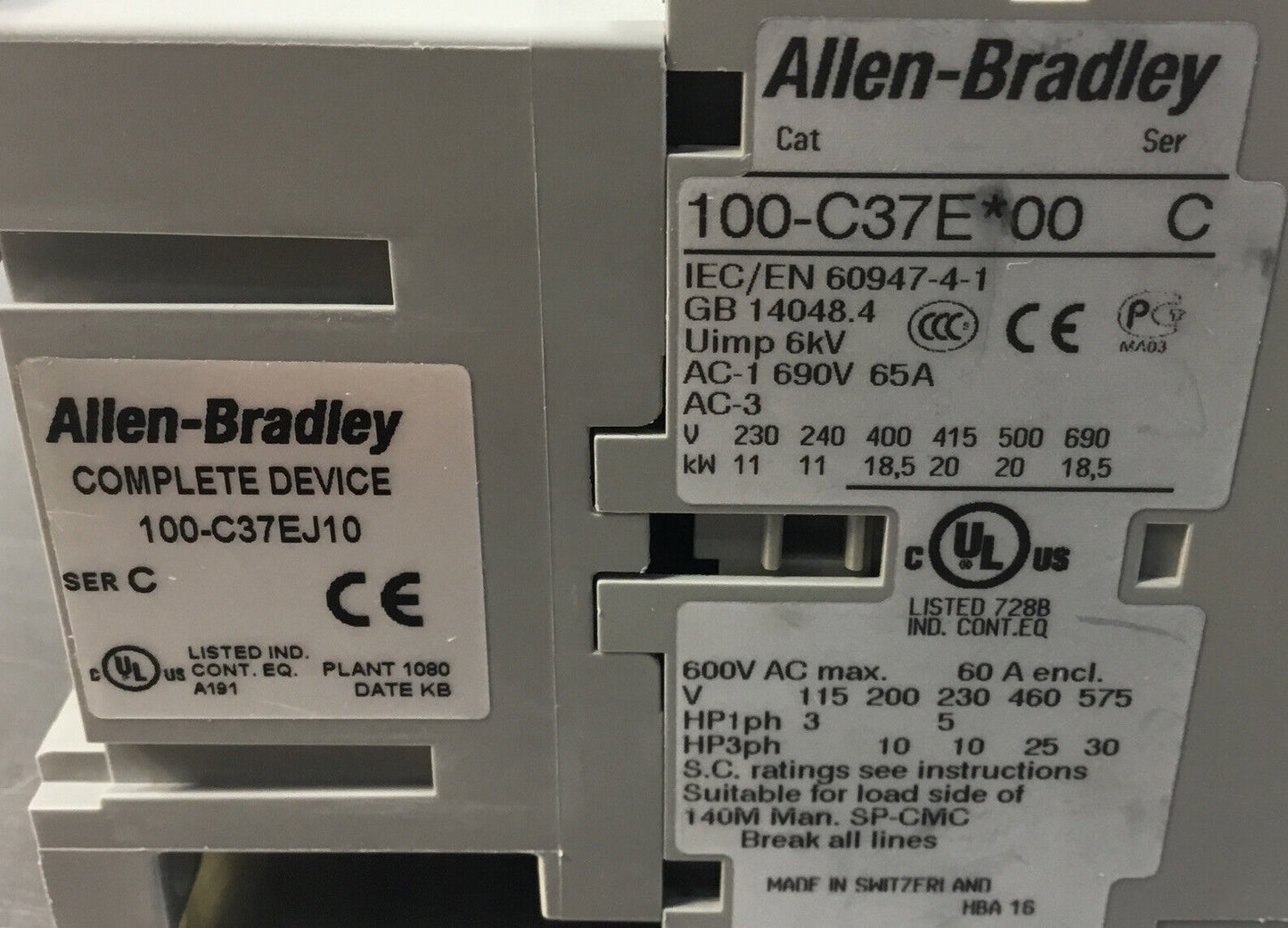 Allen Bradley Contactor  100-C37EJ10 /C  +  100-S /B  24VDC Coil    4C