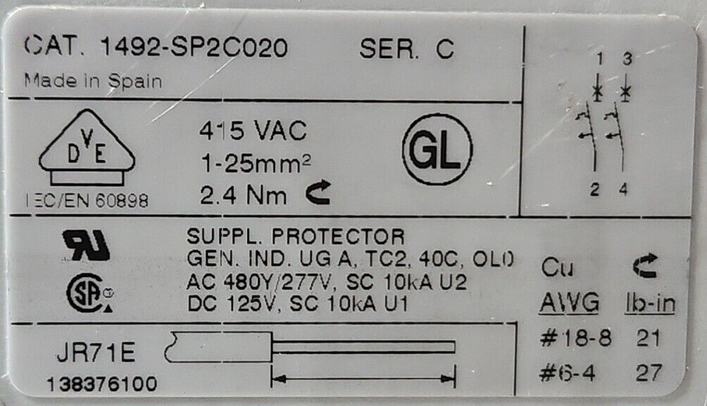 Allen-Bradley 1492-SP2C020 Circuit Breaker 2 Pole 2Amp.                    4E-25
