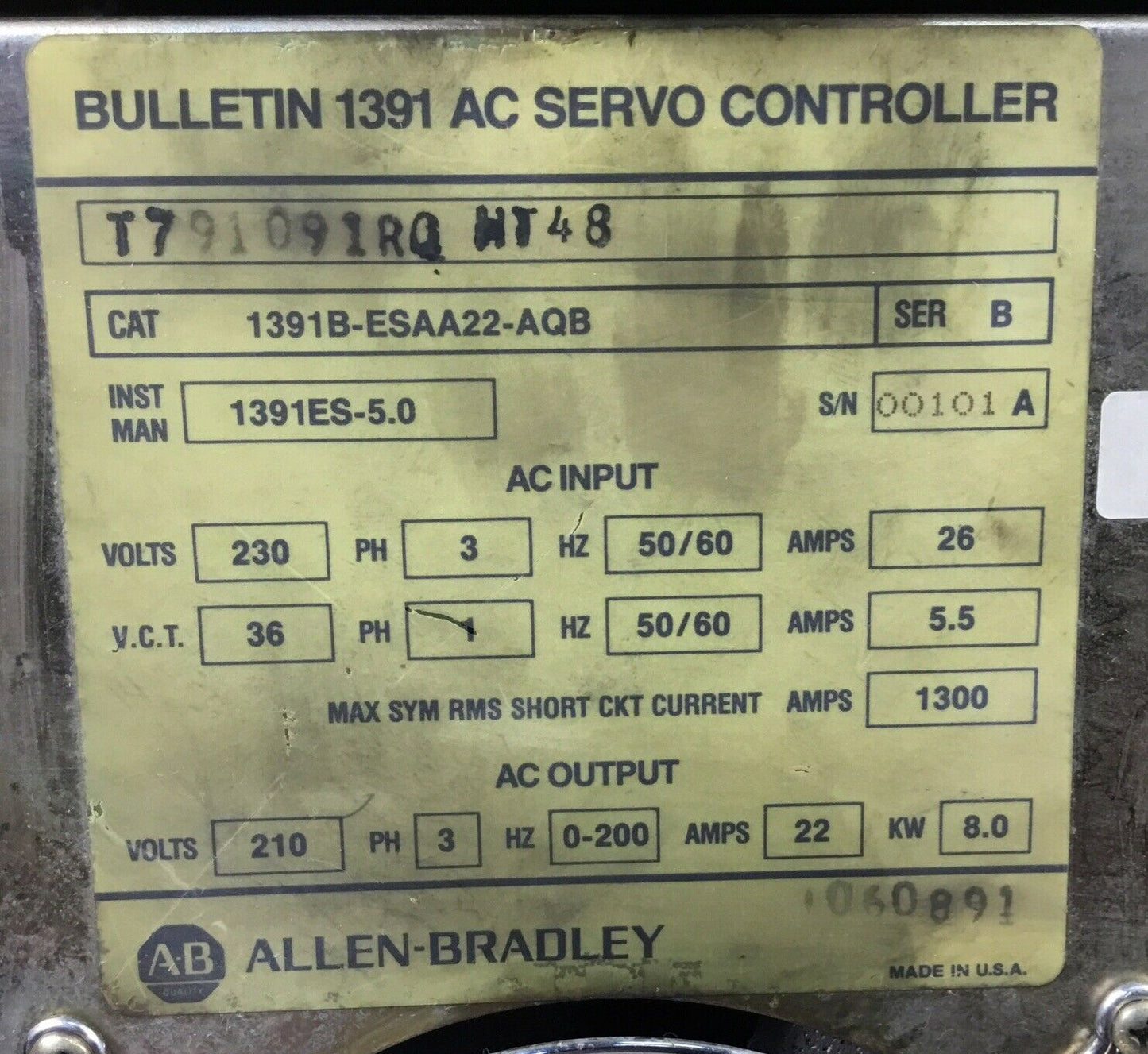 Allen-Bradley 1391B-ESAA22-AQB /B Servo Driver Out: 210V 3Ph 0-200Hz 22A 8KW  1C