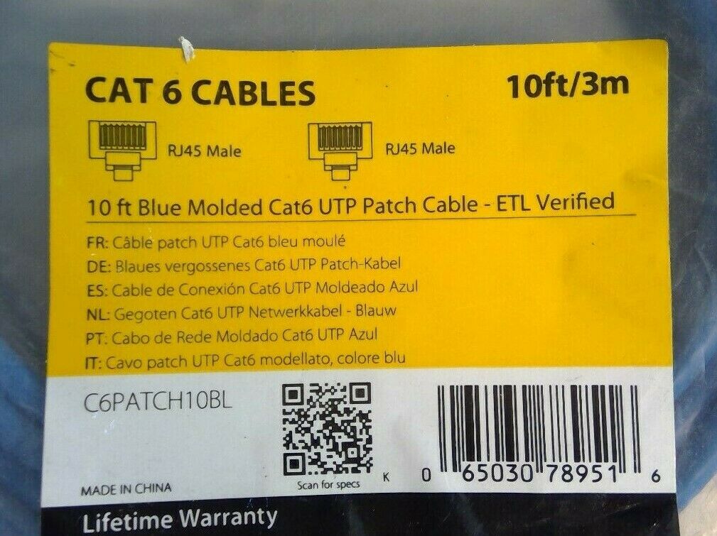 StarTech CAT 6 Cable - C6PATCH10BL 10Fft Blue Molded Cat6 UTP Patch Cable     5E