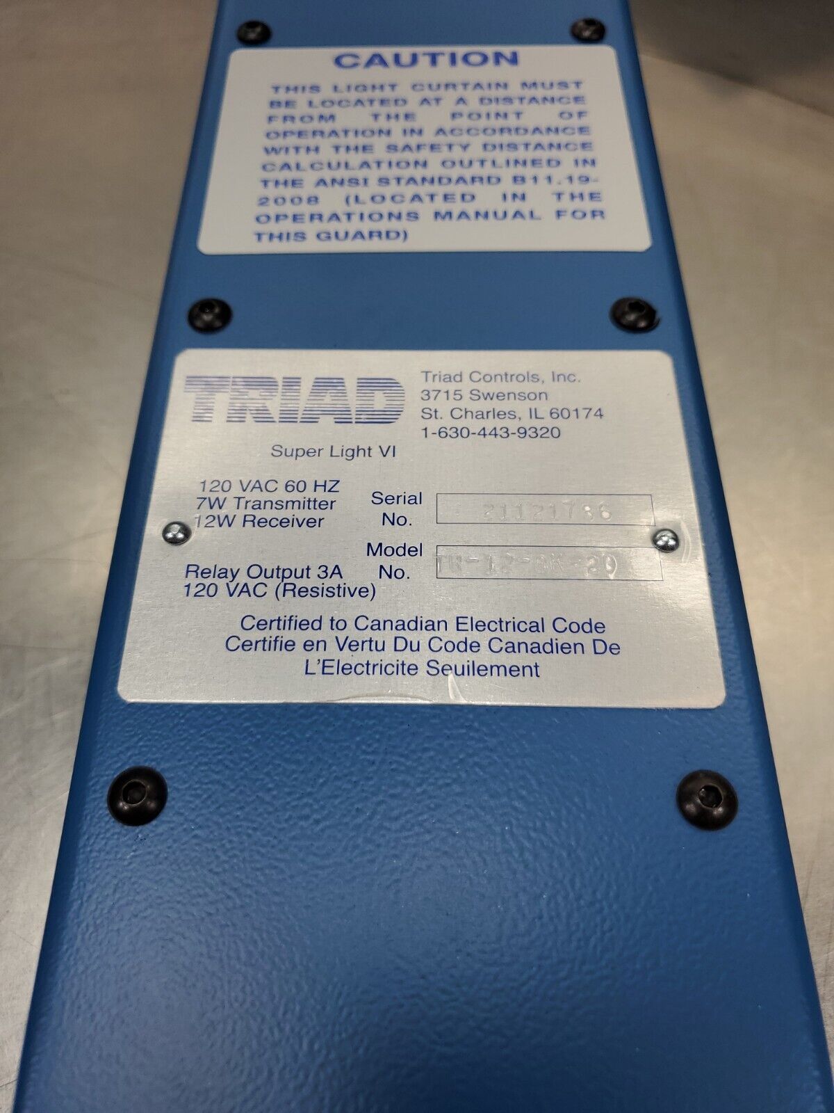 TRIAD TR-12-8K-20 Super Light VI Safety Curtain 120V 7W Transmitter.          6E