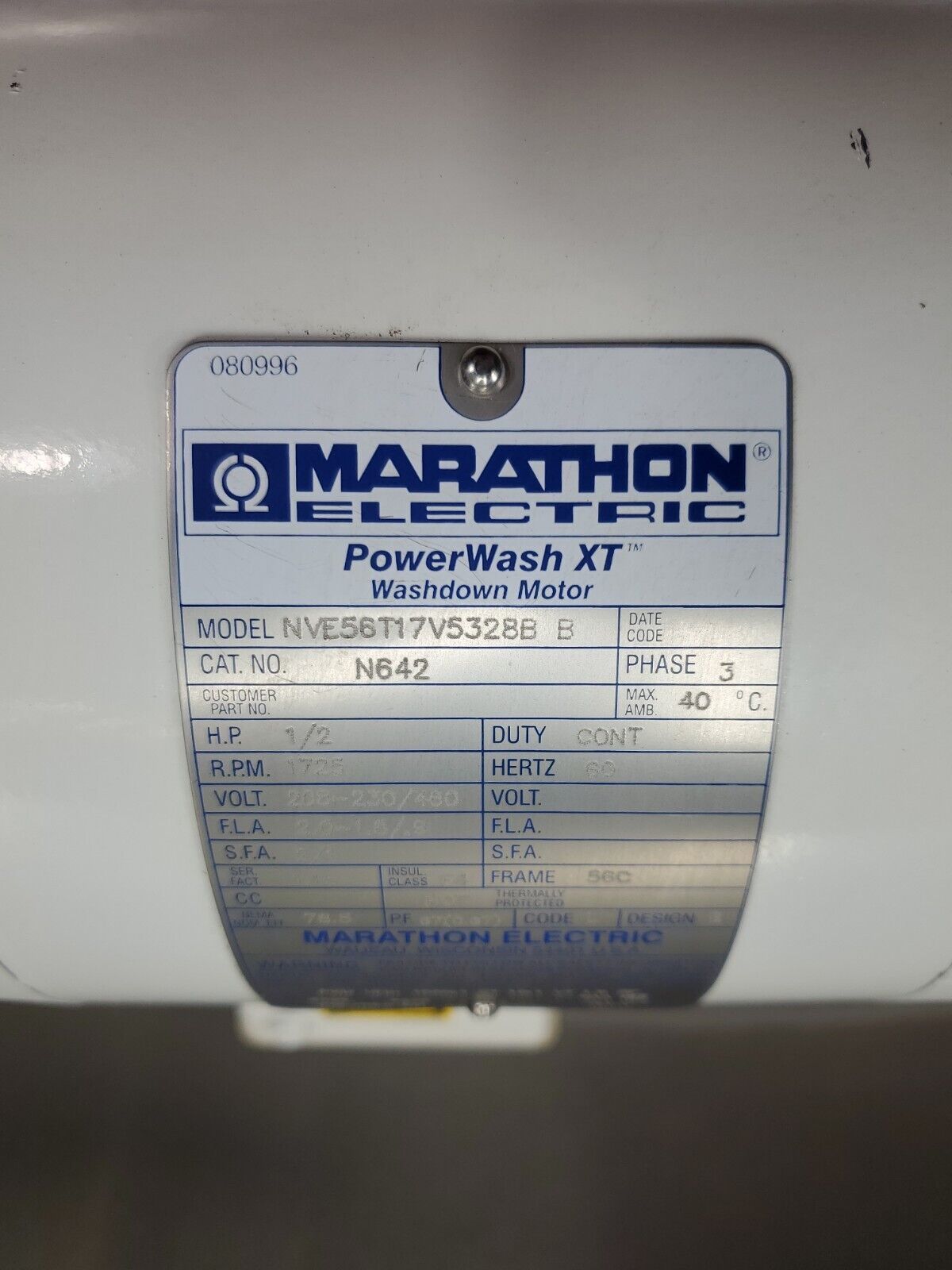 MARATHON POWERWASH XT 1/2 HP 1725RPM WASHDOWN MOTOR.                          1E