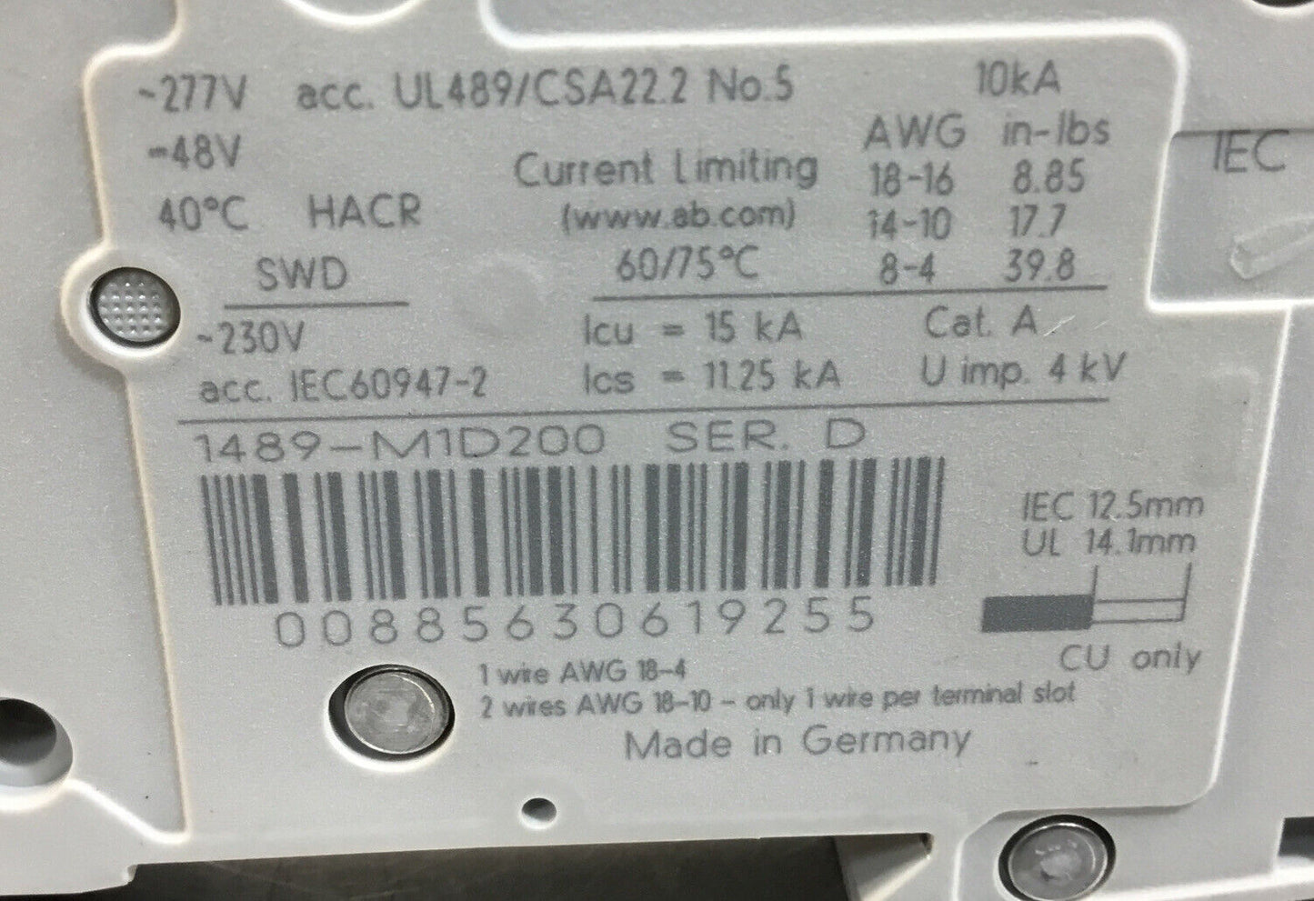 ALLEN BRADLEY  1489-M1D200  Ser. D CIRCUIT BREAKER 20A 1 Pole     4C