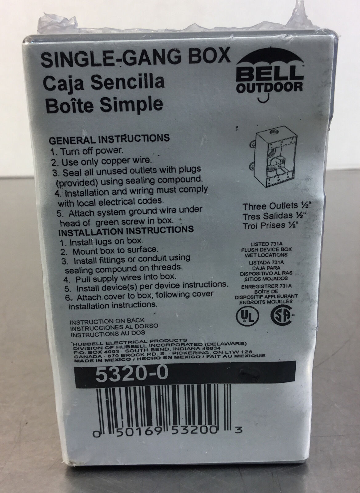 Hubbell-Bell 5320-0 Single Gang 3  1/2-Inch Outlets Weatherproof Box Elec.   4B