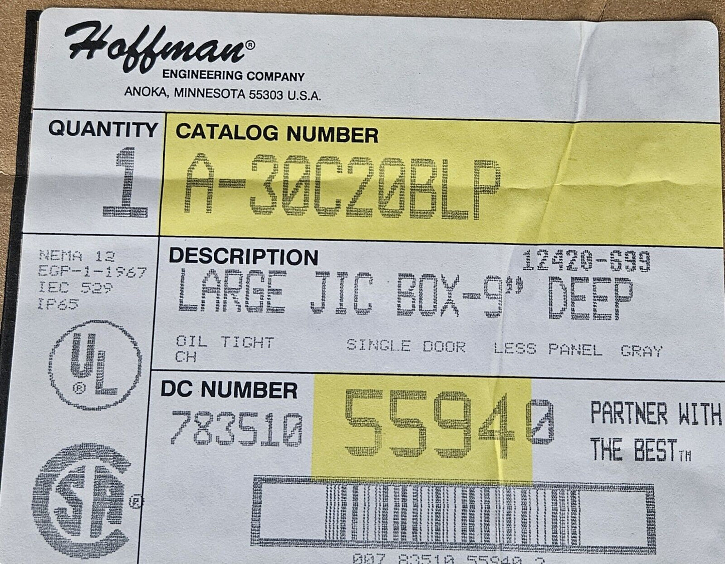 HOFFMAN A-30C20BLP ENCLOUSURE 30X20X9.    Loc4E37