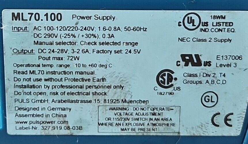 Puls ML70.100 Power Supply AC/DC 24V 72W.                              Loc4B-20