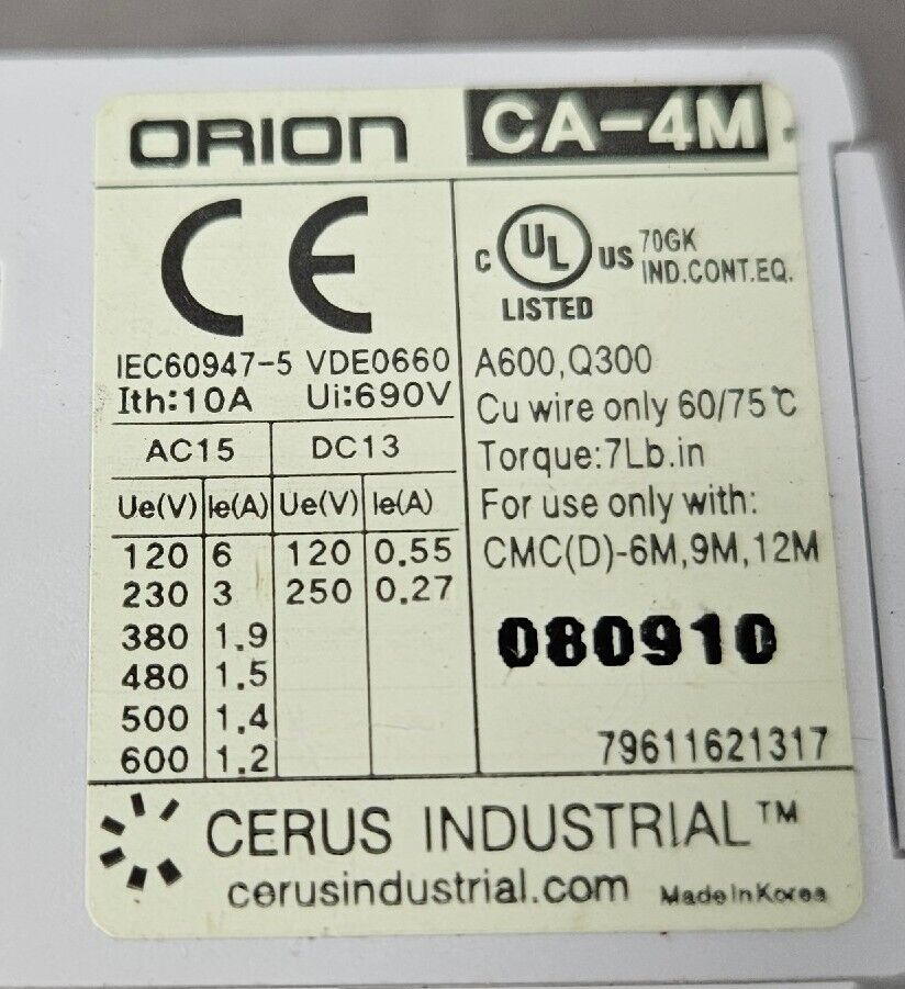 Cerus Orion CA-4M Auxiliary Contactor - Lot of 3.                     Loc 4E-10