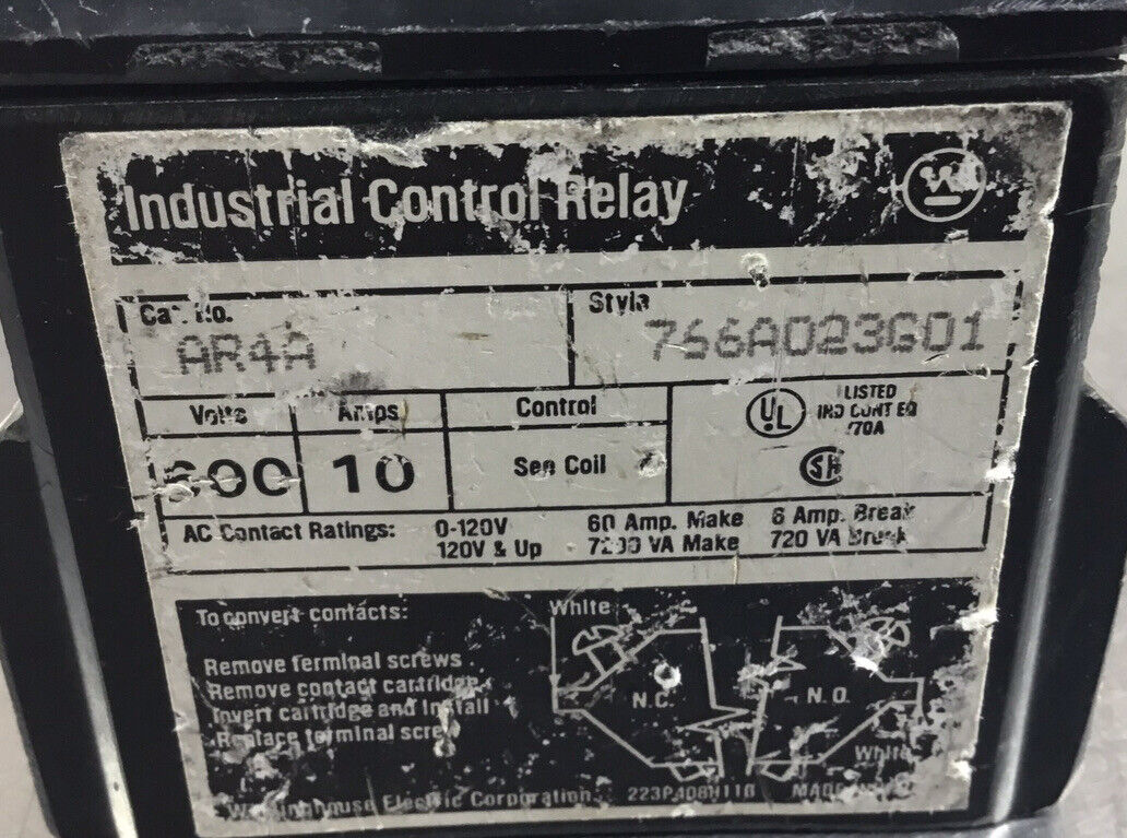 Westinghouse Industrial Control Relay 766A023G01 AR4A 600 Volts 10 Amps  4E-3