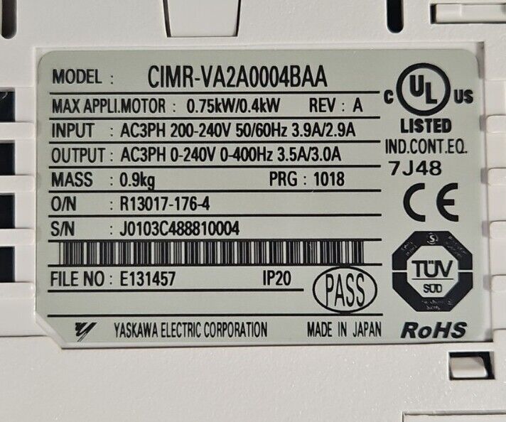 Yaskawa CIMR-VA2A0004BAA (SI-N3/V V1000) Variable Freq. Drive - PRG 1018    1E-2