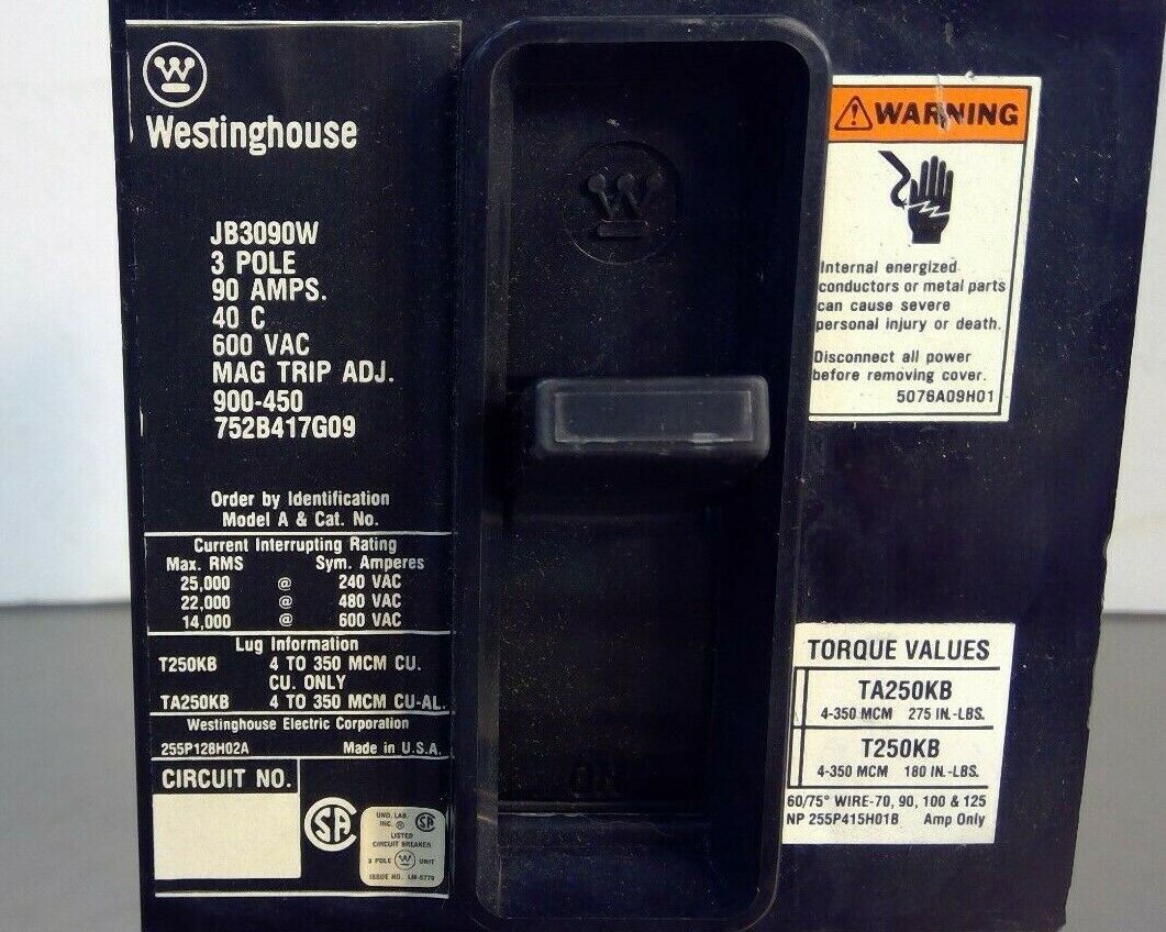Westinghouse JB3090W 3 Pole Circuit Breaker - 90 AMPS 600 VAC               4E-3