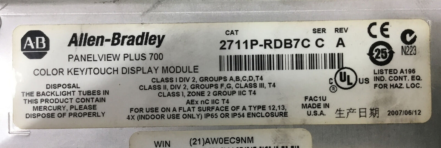 Allen Bradley   -   PANELVIEW PLUS 700  2711P-B7C15D1 /A  Rev:J  COLOR TOUCH  2C