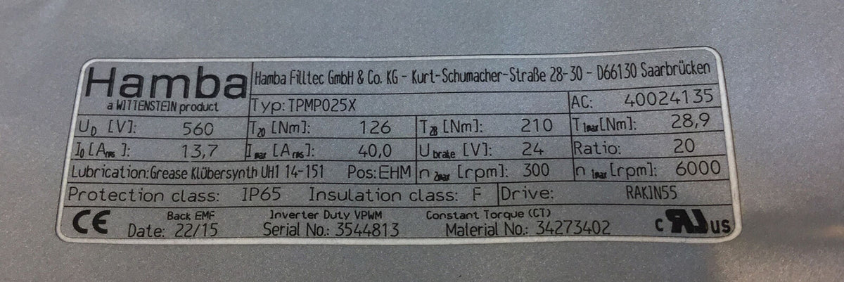 WITTENSTEIN HAMBA  TPMP025X  SERVO MOTOR  TPMP 025X    Loc.1A