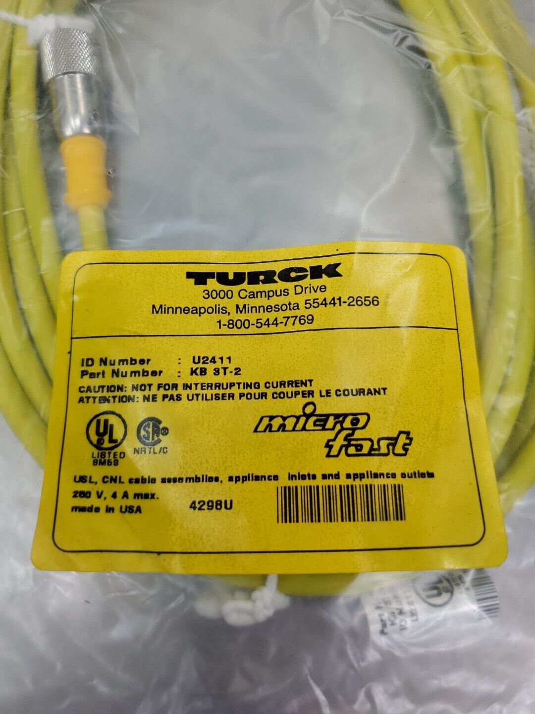 TURCK KB 3T-2 (ID# U2411) MicroFast PLC Cable.                             5D-16