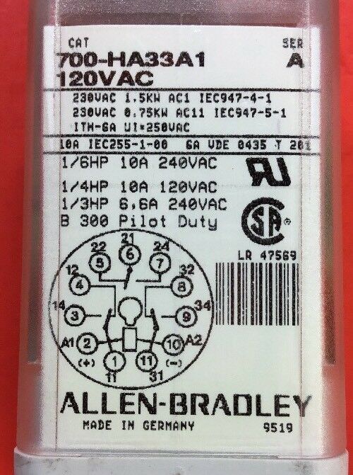 Allen-Bradley 700-HA33A1 Relay 120VAC Series A & C.     4B
