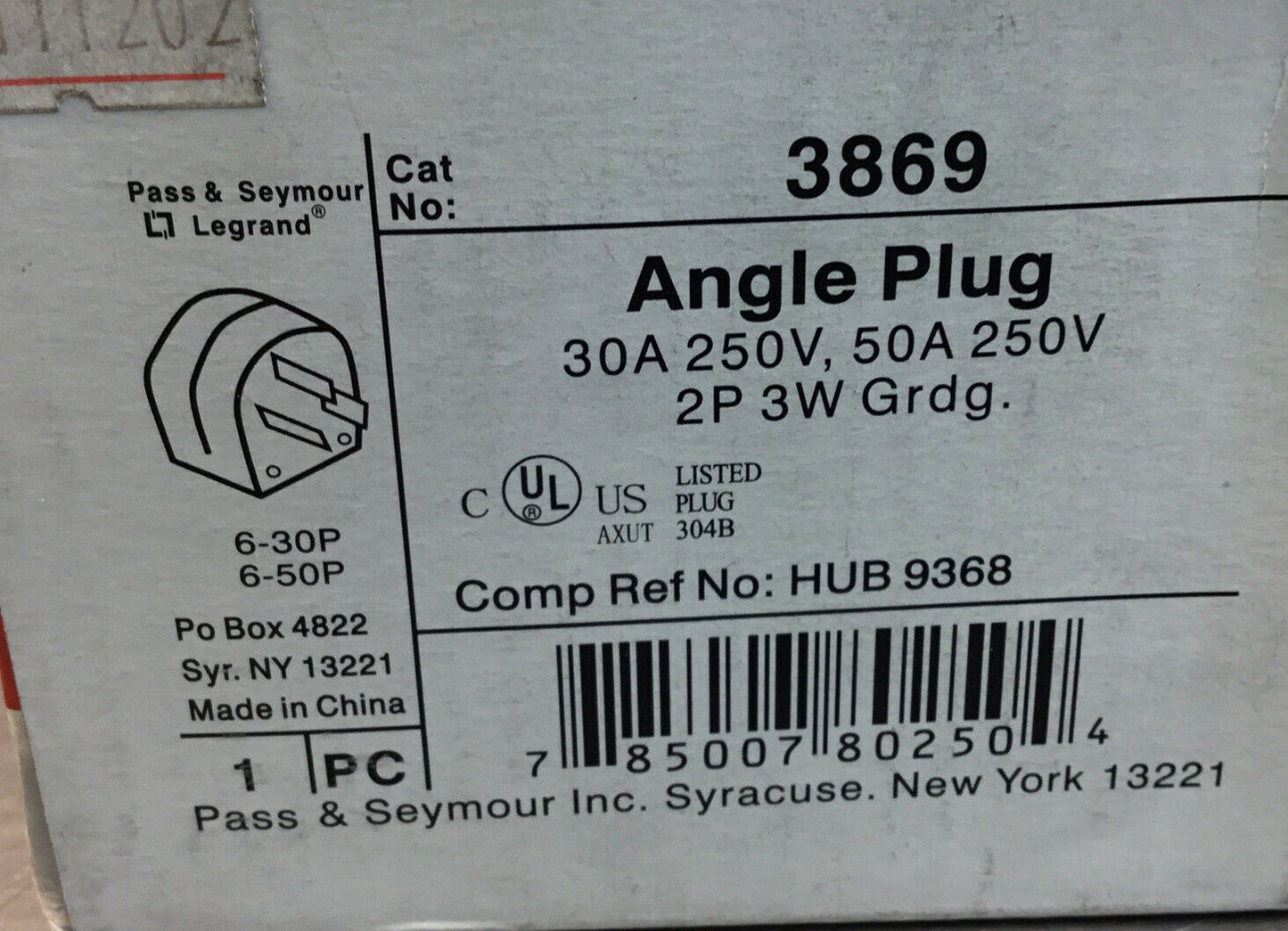 Pass & Seymour 3869 30A/50A 250V 2 Pole 3 Wire Grounding Angle Plug       4D