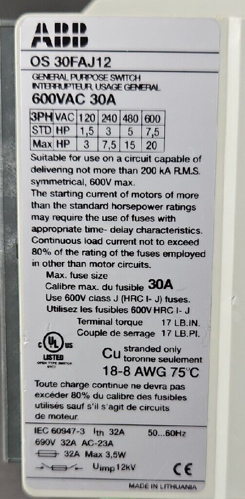 Allen-Bradley  OS 30FAJ12 / UL 248-4. CLASS J. 30A.                     Loc 4G-1