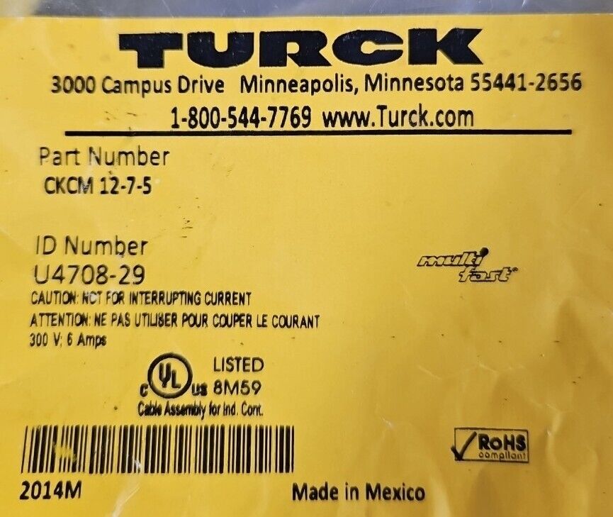 Turck CKCM12-7-5 / U4708-29 Female M23 Straight Cordset.                Loc5D-22