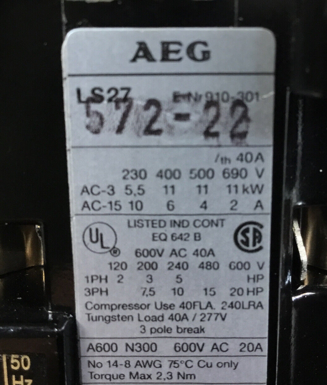AEG / EEC  XLS27–AO-G  Starter LS27 572-22 + B27S/T 848-00  110-120VAC Coil   4B