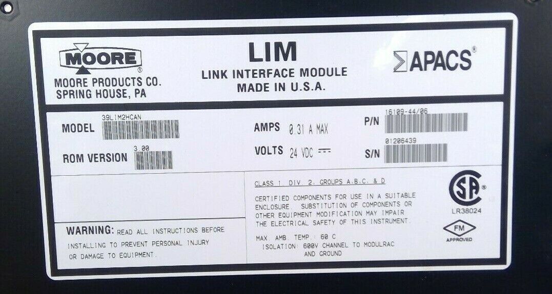 Siemens / Moore Products 39LIM2HCAN LIM Link Interface Module APACS+          3H