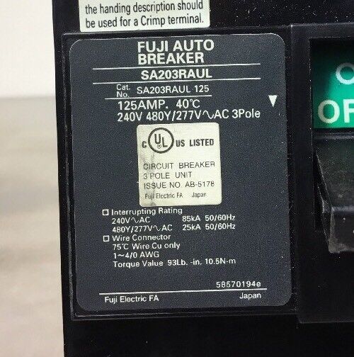 FUJI ELECTRIC SA203RAUL-125 AUTO BREAKER, 3 POLE, 125A                      4E-4
