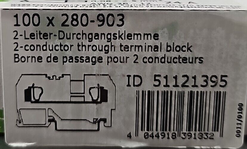 WAGO 280-903 Conductor Through Terminal Block. Box with 100.           Loc 3E-47