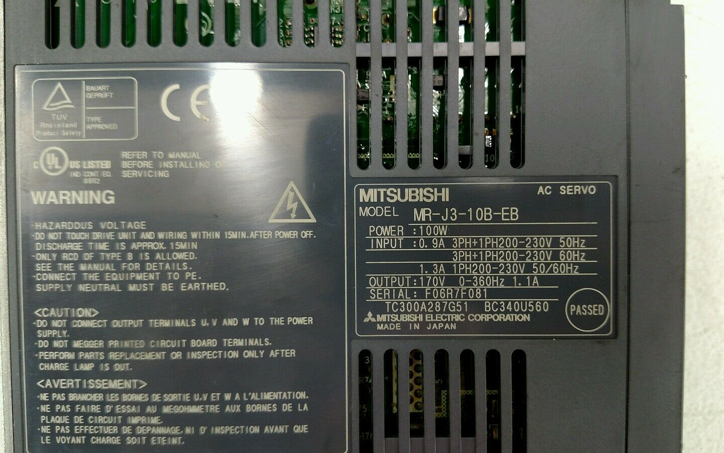 Mitsubishi MR-J3-10B-EB AC Servo Drive 170V 1.1A 100W 3Ph    1E