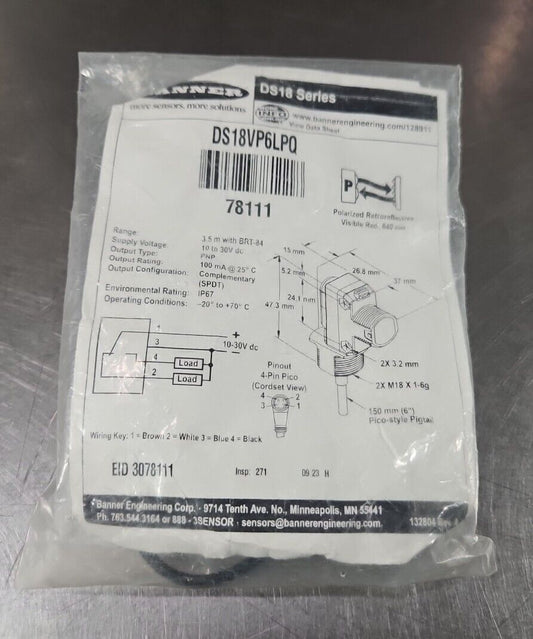 Banner Engineering DS18VP6LPQ Retroreflective Photoeye.                Loc5E-19*