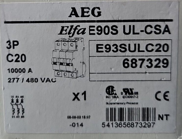 AEG Elfa E90SULCSA 3P C20 Circuit Breaker.                             Loc4E-17