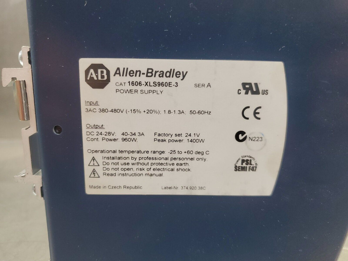 ALLEN BRADLEY 1606-XLS960E-3 Ser. A 24V 40A Power Supply.                     4H