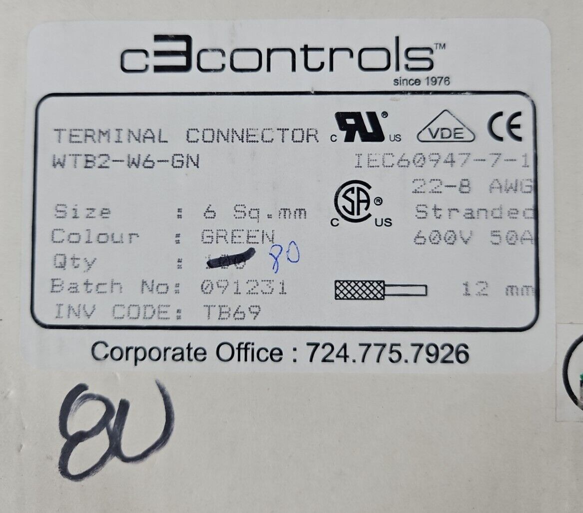 C3CONTROLS WTB2-W6-GN TERMINAL BLOCK CONNECTORS 600V 50A-Box with 80    Loc3E-38