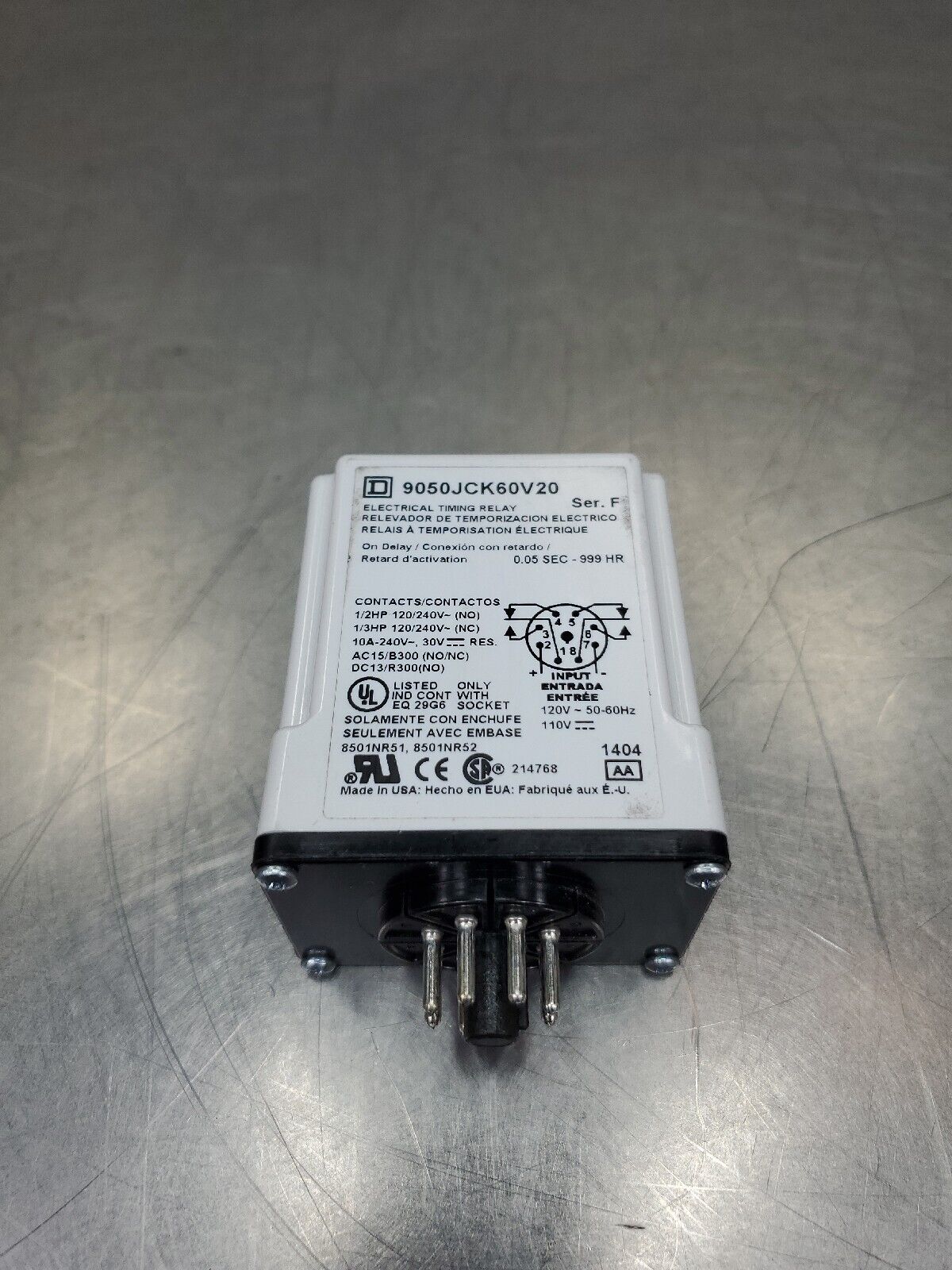 SQUARE D 9050JCK60V20 SER. F 120VAC 50/60HZ ELECTRICAL TIMING RELAY.        4D-3
