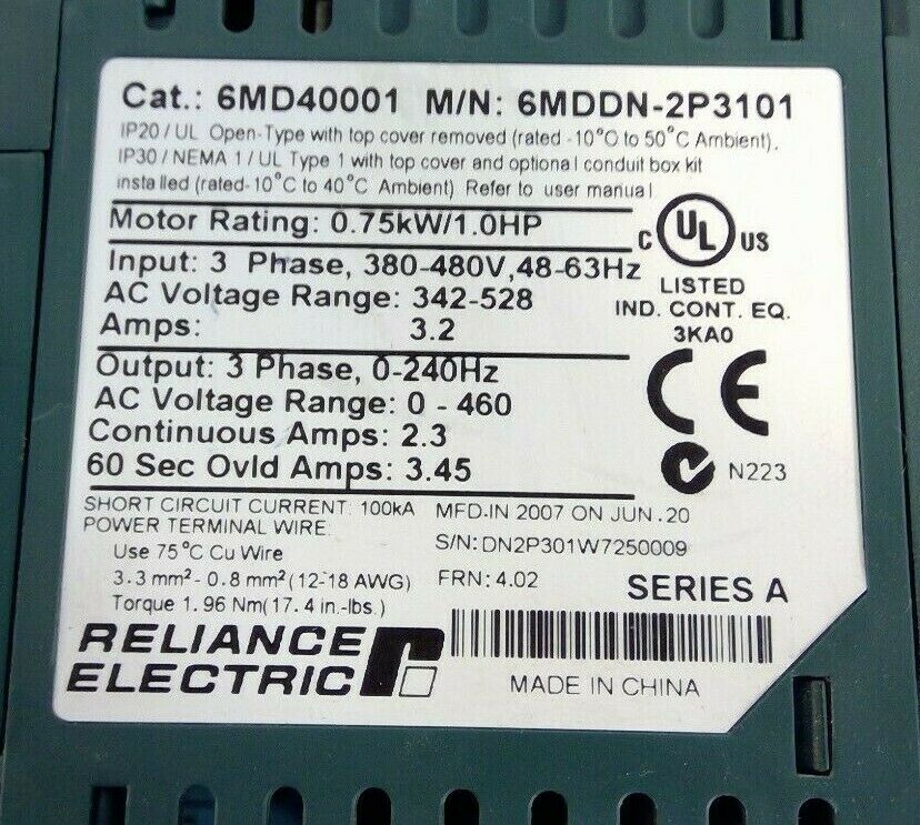 Reliance Electric MD60 - 6MD40001 AC Drive - 6MDDN-2P3101 Series A            1D