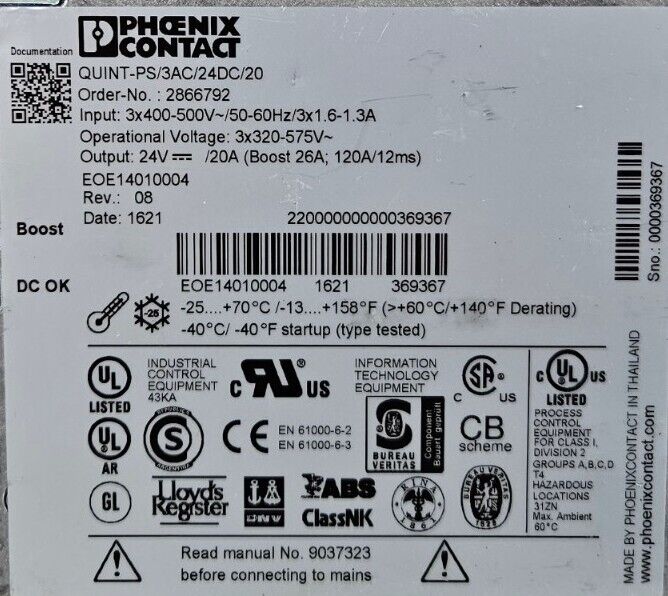 Phoenix Contact QUINT-PS/3AC 24VDC/20. Power Supply.                       4E-23