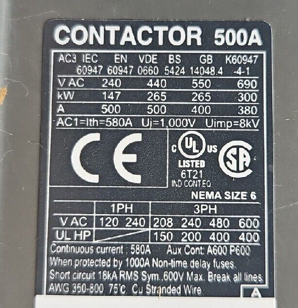 CARLO GAVAZZI CC500 CONTACTOR 500AMP 200-240VAC/200-220VDC.                   4F