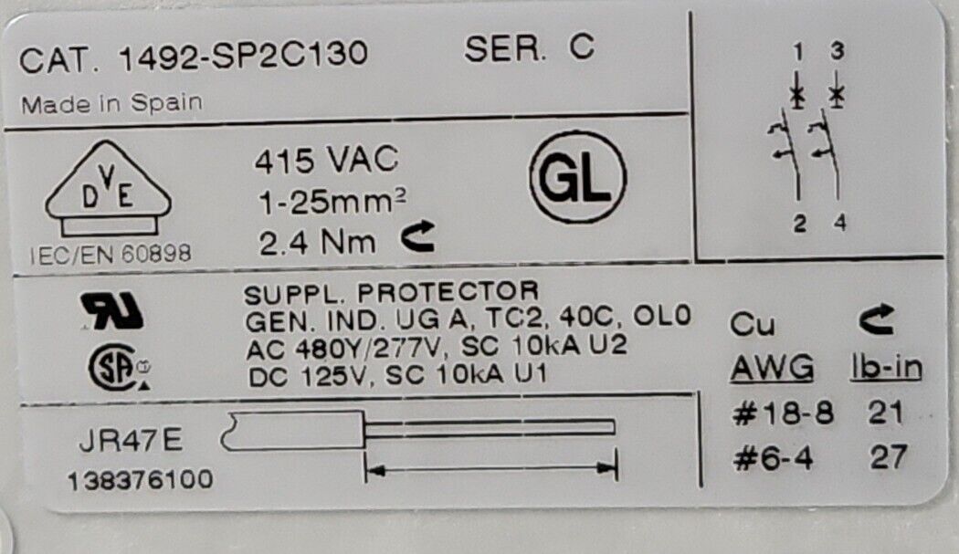 ALLEN BRADLEY 1492-SP2C130 SERIES C CIRCUIT BREAKER.                       4D-19